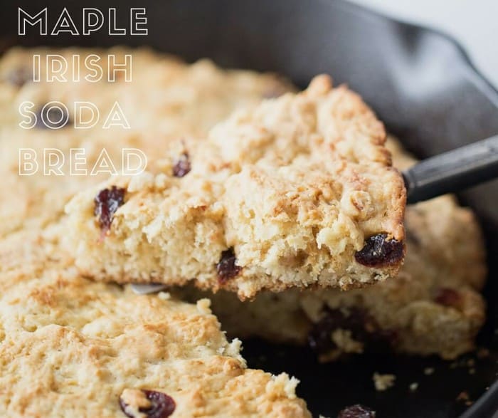 This sweet Irish soda bread is made with pure maple syrup and cherries. This recipe comes together easily and is baked up right in a cast iron skillet for a real rustic flair!