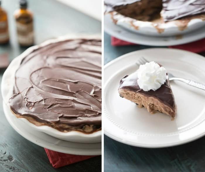 A simple wafer crust is filled with the most luscious coffee mocha ice cream and then topped with a sinful chocolate ganache! This ice cream pie is heavenly!