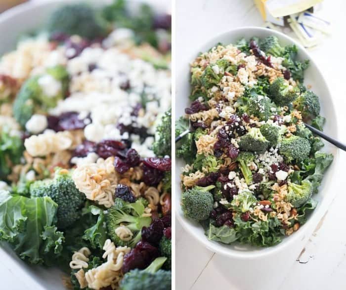 Broccoli ramen noodle salad recipe with krispy kale, sweet cherries, almonds and blue cheese!