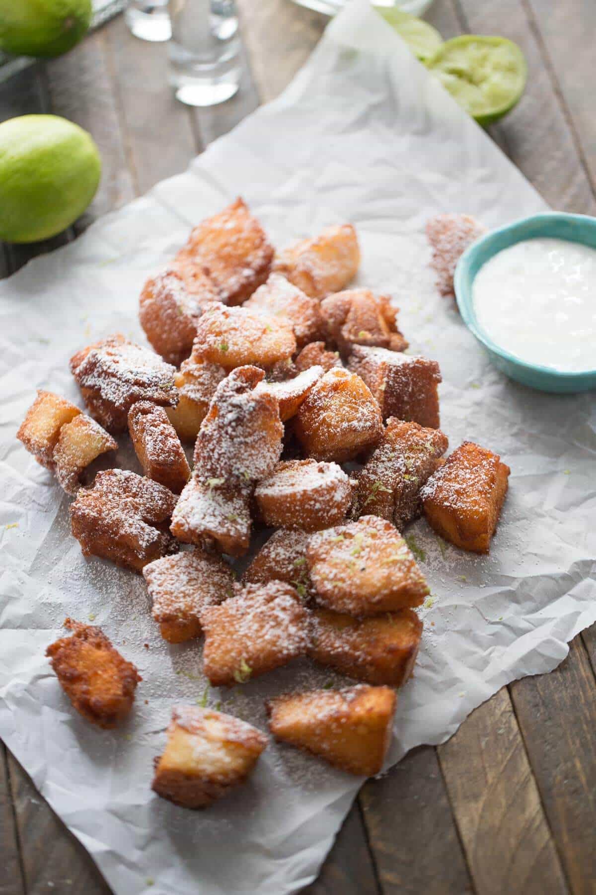Tequila shots serve as dessert ! Angel food cake is dipped in tequila and fried just until golden!