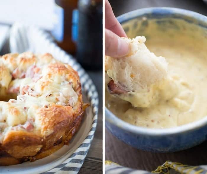 Skip the sandwich, this ham and swiss monkey bread recipe is what you want instead! Seasoned biscuits, savory ham and creamy swiss cheese make this monkey bread an absolute crown pleaser!