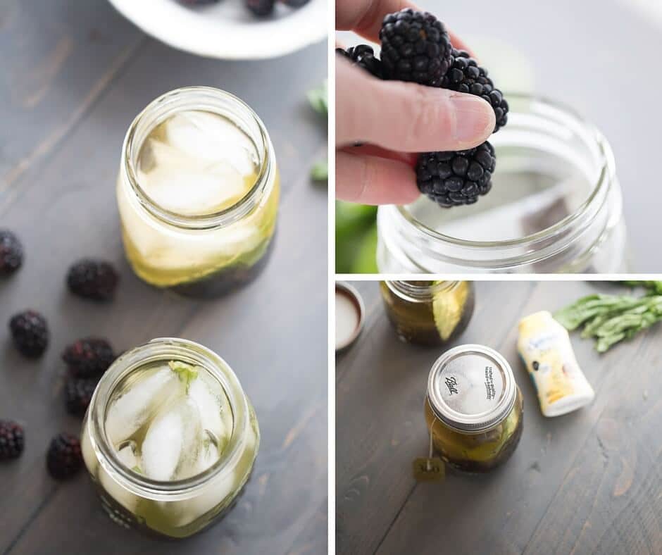 photo collage - Jars of Blackberry Basil Iced Tea. Putting four blackberries into mason jar of tea.