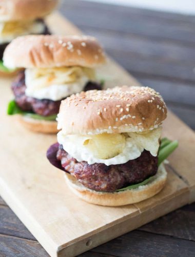 Thick and meaty black and blue burgers have Cajun seasoning, a blue cheese remoulade sauce and crunchy kettle chips!