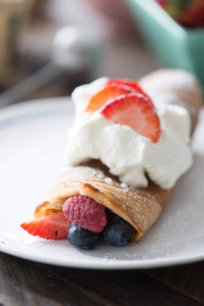 Red, White and Blue dessert crepes start with a cake mix but end with fresh fruits, homemade whipped cream and lots of smiles!