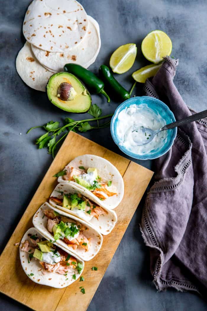 Salmon tacos with avocados