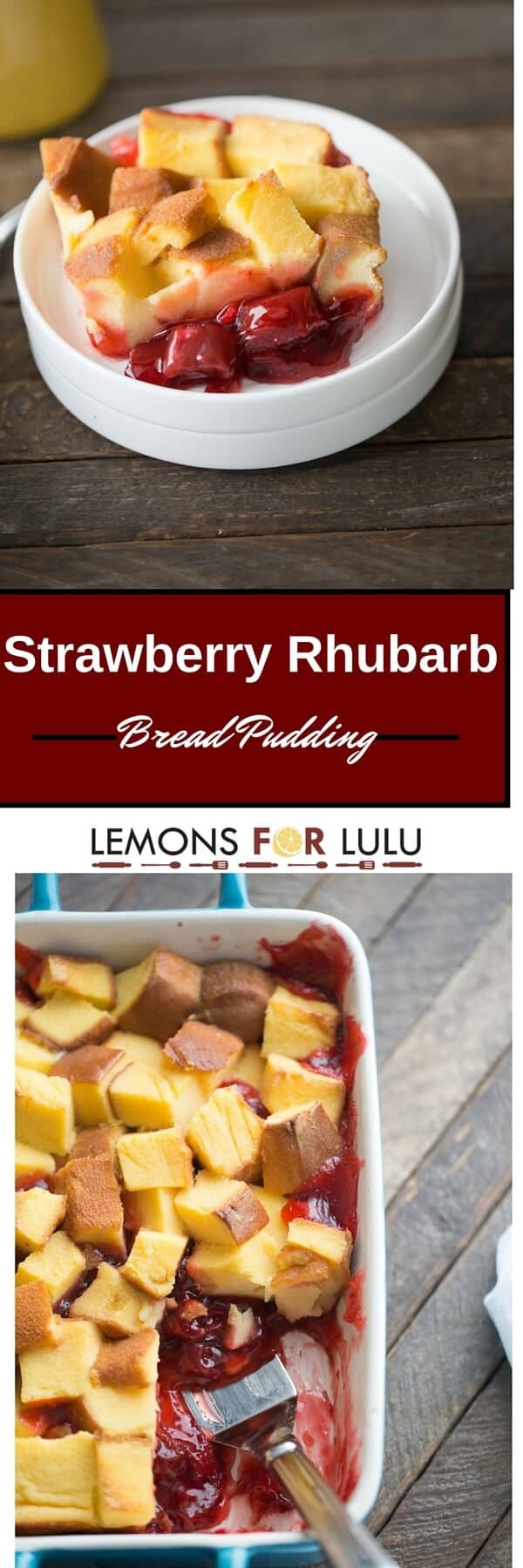 Strawberry rhubarb pie filling is topped with pound cake and baked in a custard sauce. A vanilla glaze is drizzled over top this easy dessert recipe! 