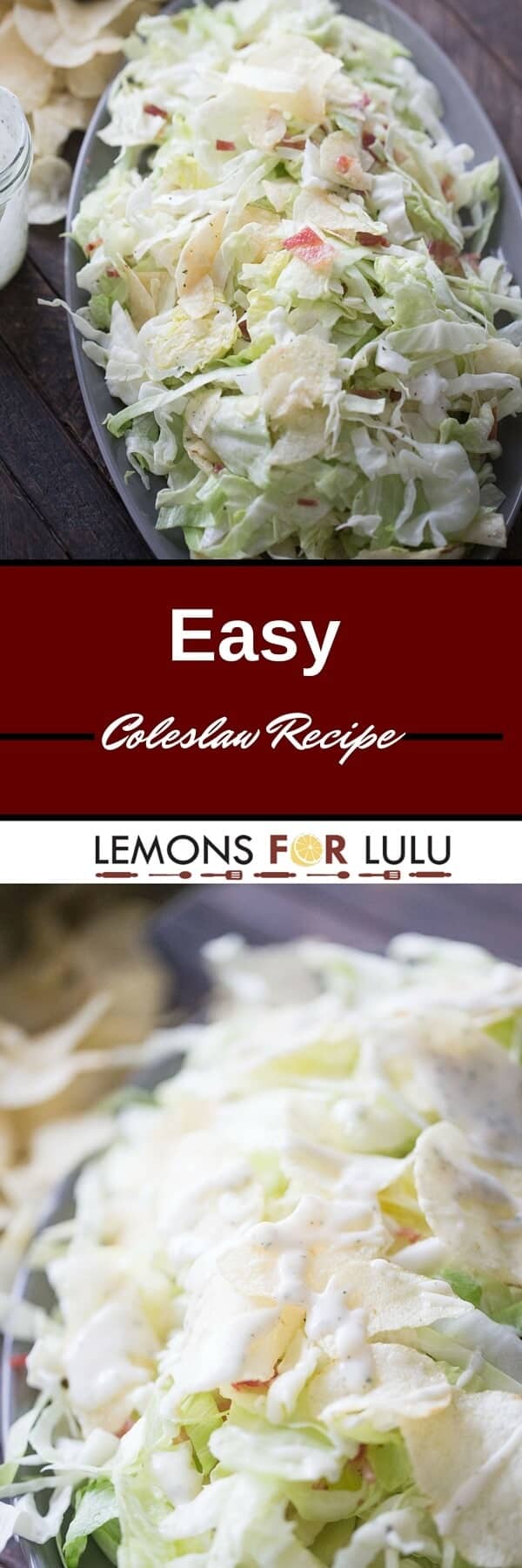 You will not believe the flavor in this easy coleslaw recipe! Lettuce, bacon, potato chips are tossed with a simple ranch dressing for an utterly unique and delicious side dish!