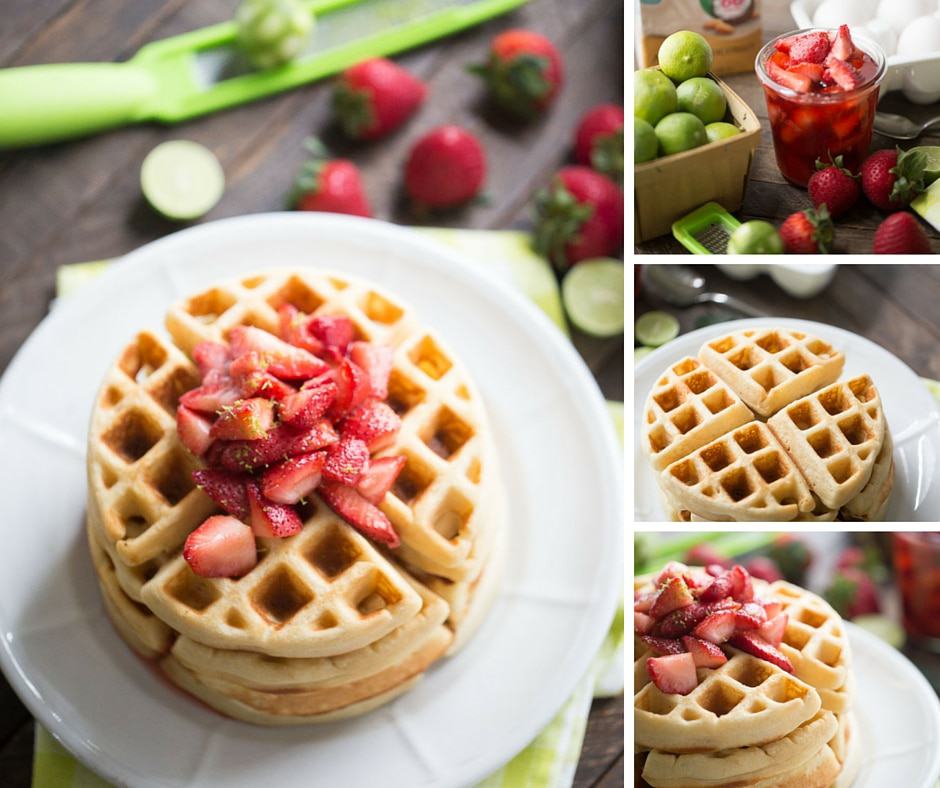 Who doesn't love waffles? This easy homemade waffles recipe is bursting with key lime flavor and is topped with a simple homemade strawberry sauce!