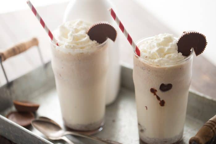 Moose tracks ice cream is the inspiration behind this rich and creamy milkshake. Vanilla ice cream, peanut butter, chocolate and peanut butter cups make this frosty treat taste out of this world!