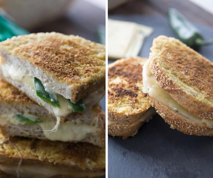 Jalapeno popper grilled cheese tastes even better than the appetizer! Potato chip crusted bread is filled with two kinds of cheese and fresh jalapeños!