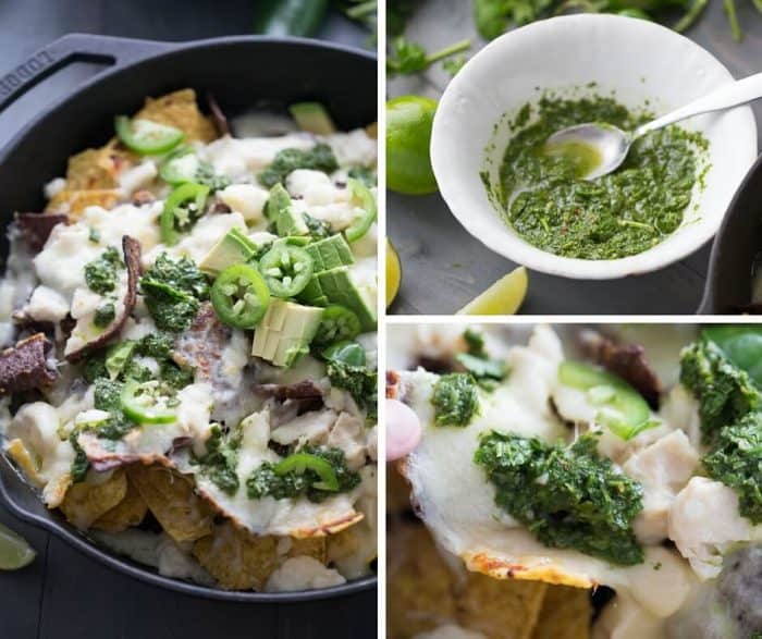 Loaded Nachos Brazilian Style! These nachos are topped with both pork and chicken, lots of cheese, creamy avocados and a homemade chimichurri sauce!