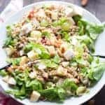 This Chicken Waldorf Salad is the ultimate in satisfaction! Farro, chicken, fruit and lettuce are tossed with a simple honey mustard vinaigrette. Waldorf salad gets a whole new look!