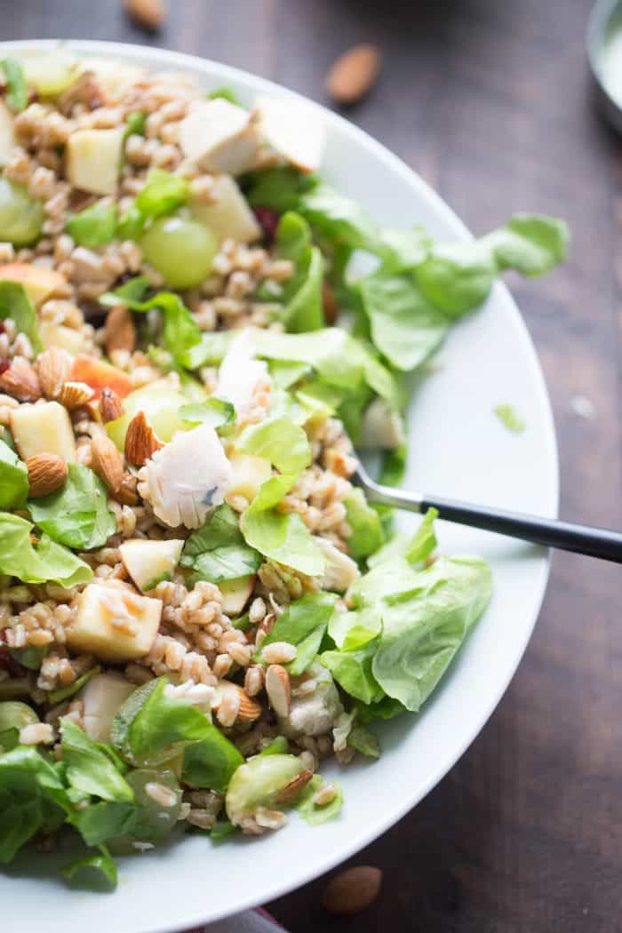 This Chicken Waldorf Salad is the ultimate in satisfaction! Farro, chicken, fruit and lettuce are tossed with a simple honey mustard vinaigrette. Waldorf salad gets a whole new look!