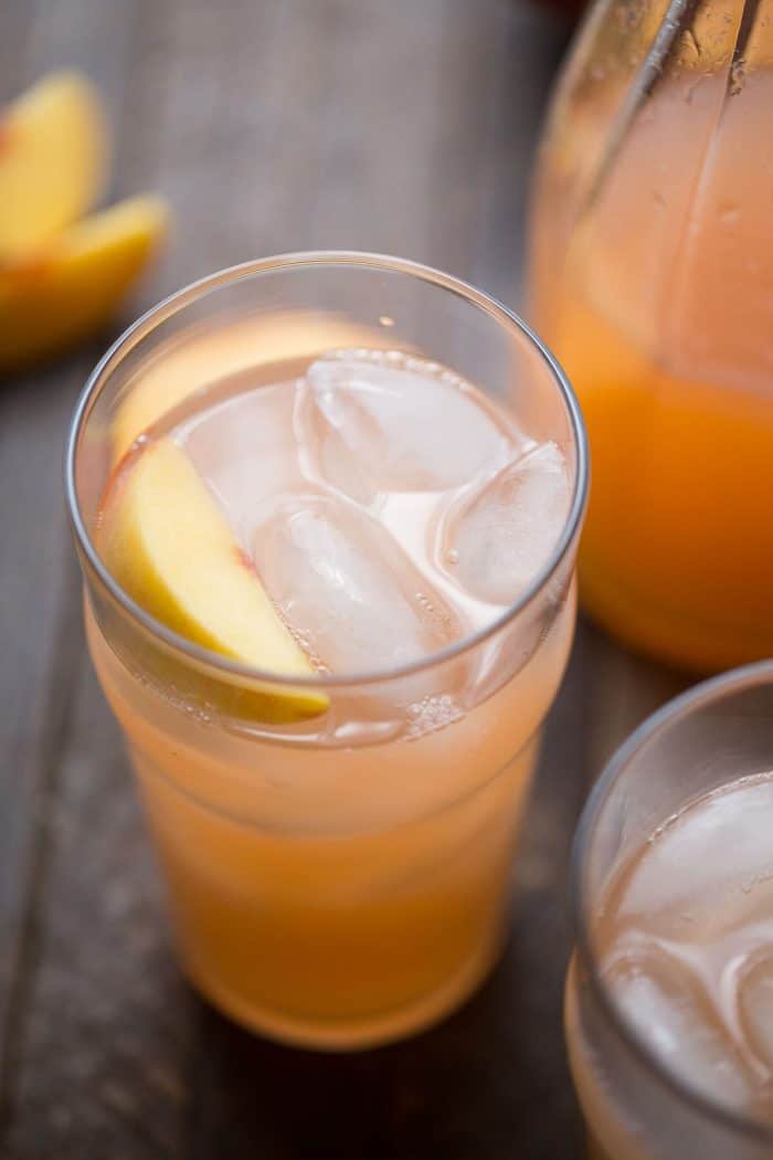 Peach lemonade is made with fresh ginger and crisp lemons. This is one drink that is deliciously thirst-quenching!