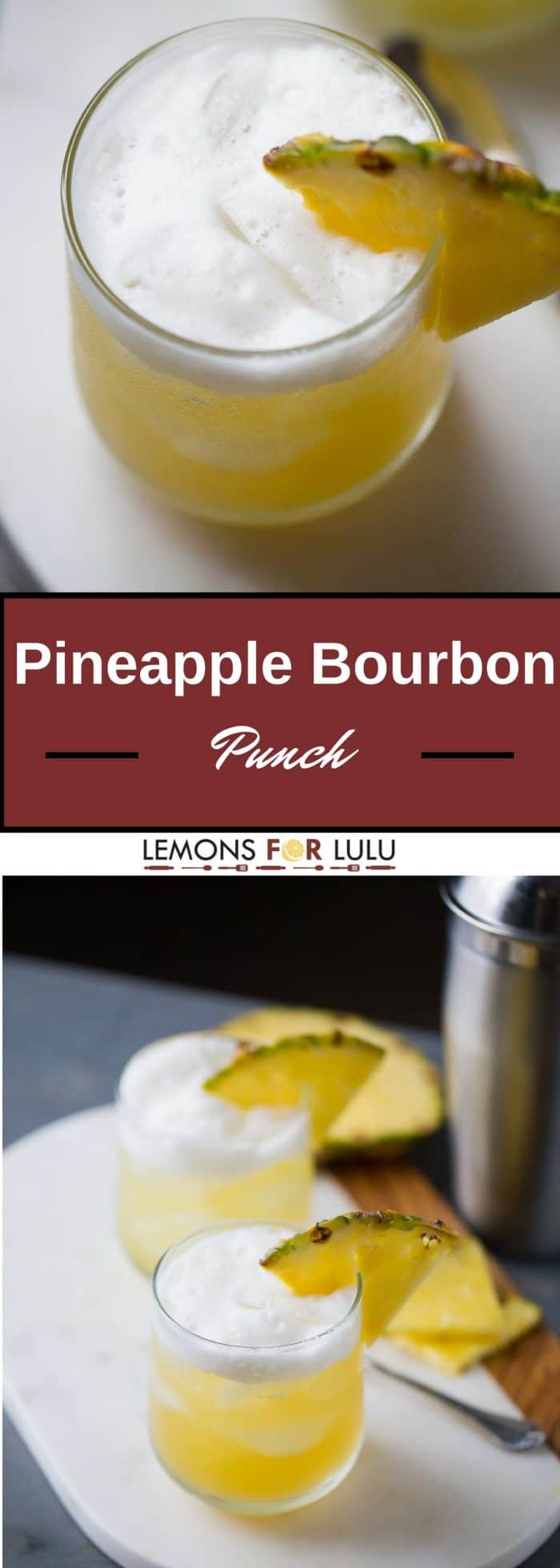 Pineapple Bourbon Punch - Bourbon, sweet pineapple juice, and hazelnut liqueur are shaken together for a tropical tasting drink.