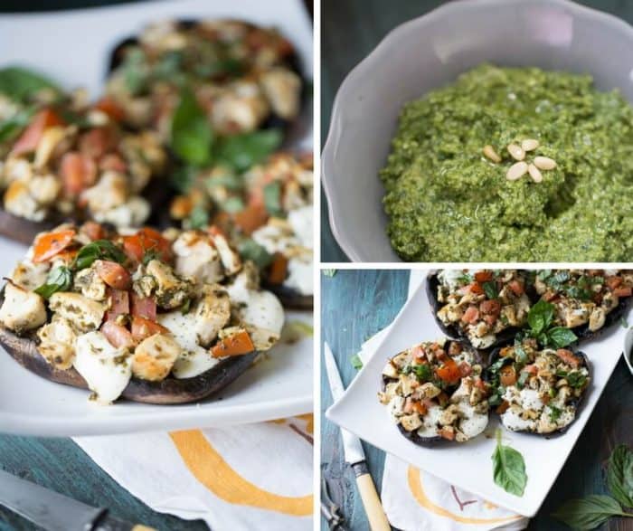 Caprese chicken; pesto coated chicken, juicy tomatoes and soft, fresh mozzarella cheese are stuffed into tender portobello mushroom caps then lightly broiled. Homemade pesto is the key to flavor!