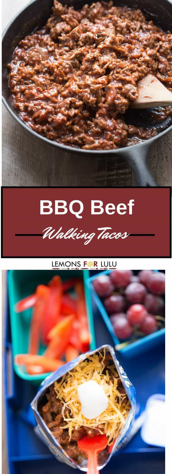 BBQ beef makes lunch fun! A saucy beef mixture is spooned over ranch-flavored chips and then topped with your favorite taco fixings! 