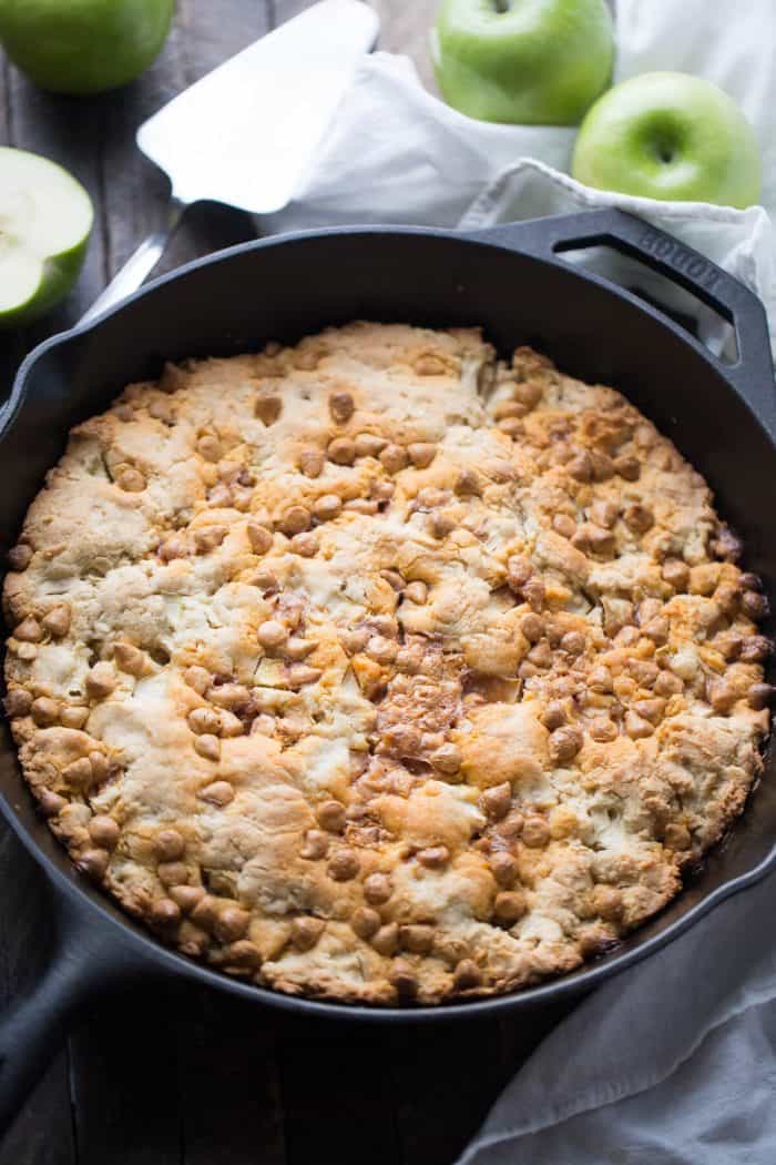 This skillet cookie recipe has big chunks of tart, fresh apples and lots of sweet butterscotch chips. This cookie has a tender, cake-like feel but with the crispy edges of a really good cookie