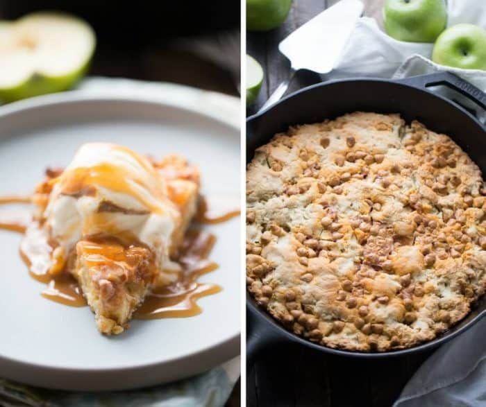 This skillet cookie recipe has big chunks of tart, fresh apples and lots of sweet butterscotch chips. This cookie has a tender, cake-like feel but with the crispy edges of a really good cookie