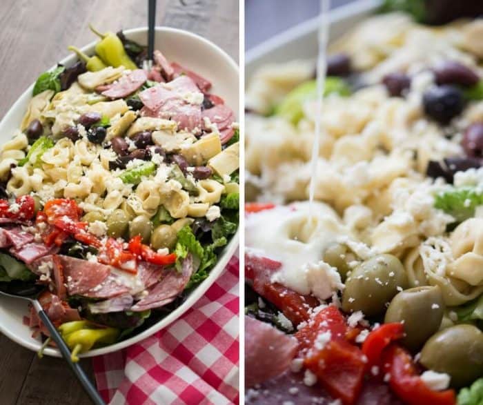 This Italian chopped salad is bursting at the seams! It is loaded with meats, cheese, veggies and pasta and boasts a creamy Italian dressing!