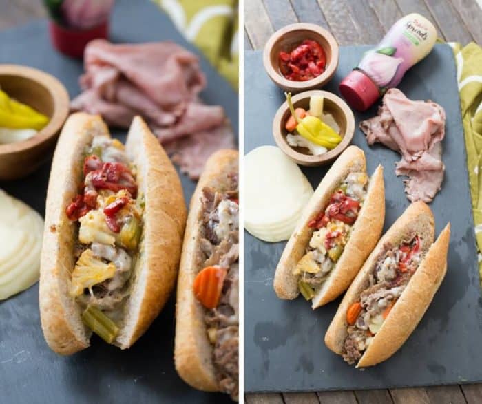 Nothing beats a good cheesesteak sandwich! This Italian version has pickled vegetables, roasted red peppers, provolone and a hummus garlic herb spread!