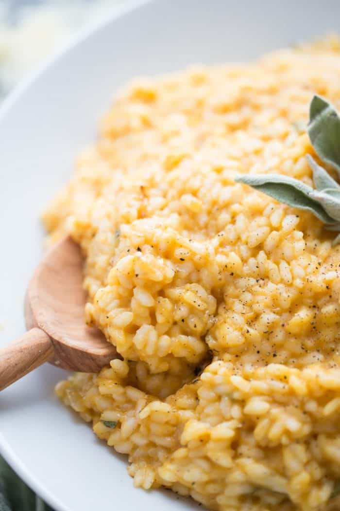 This pumpkin risotto is made with canned pumpkin and Parmesan cheese. Fresh sage enhances the flavors!