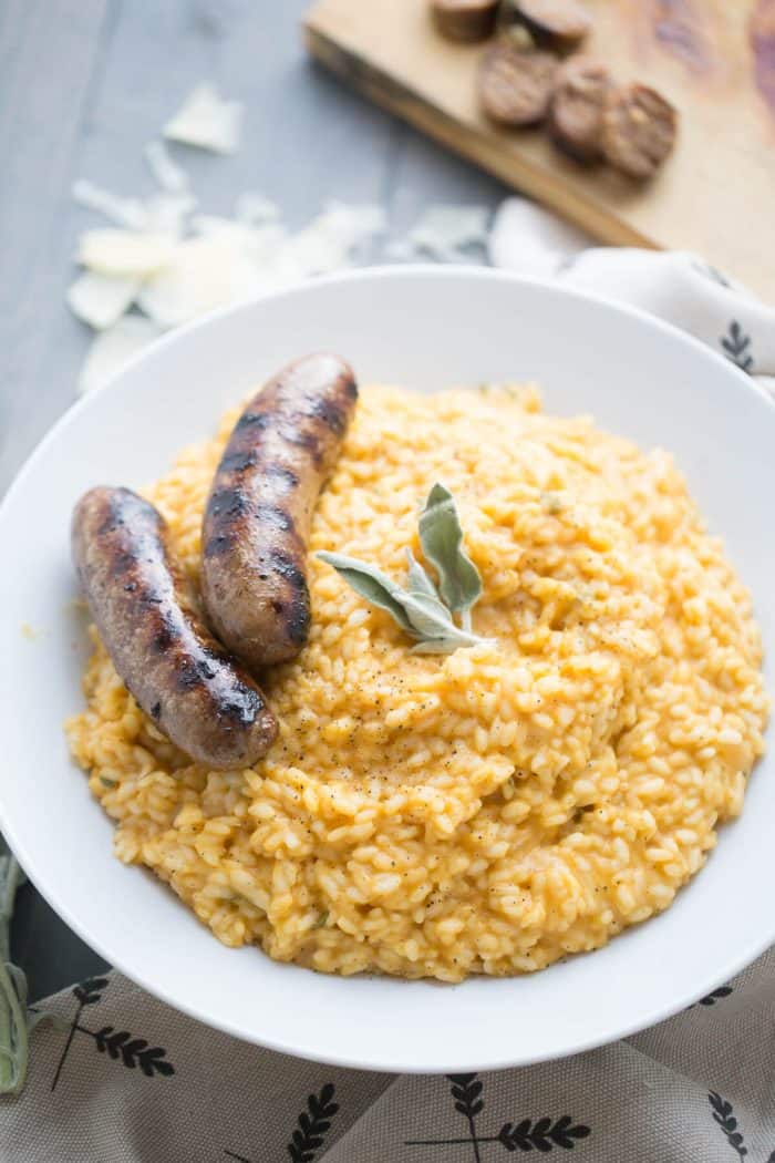 Pumpkin risotto makes a fabulous meal; serve it with Italian sausage on the side!