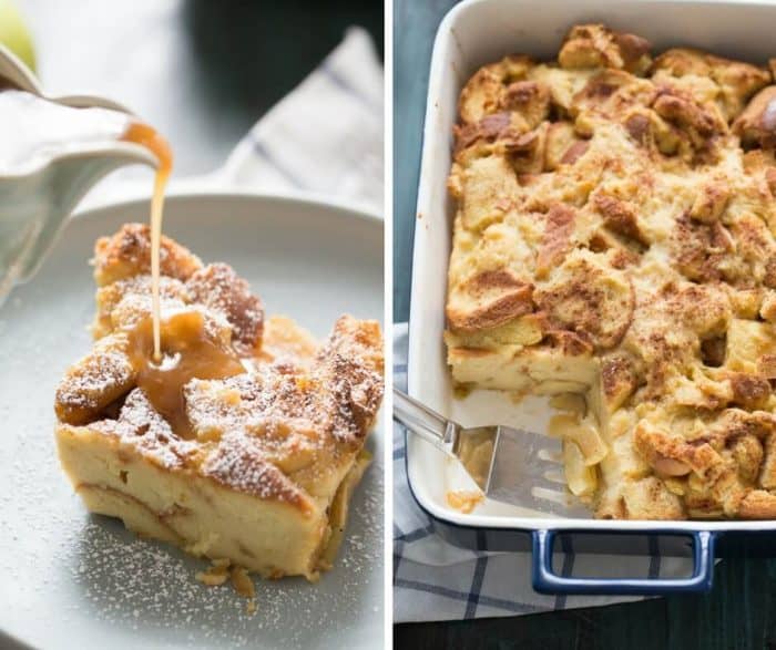 This easy apple bread pudding recipe is served with a homemade caramel sauce on top!