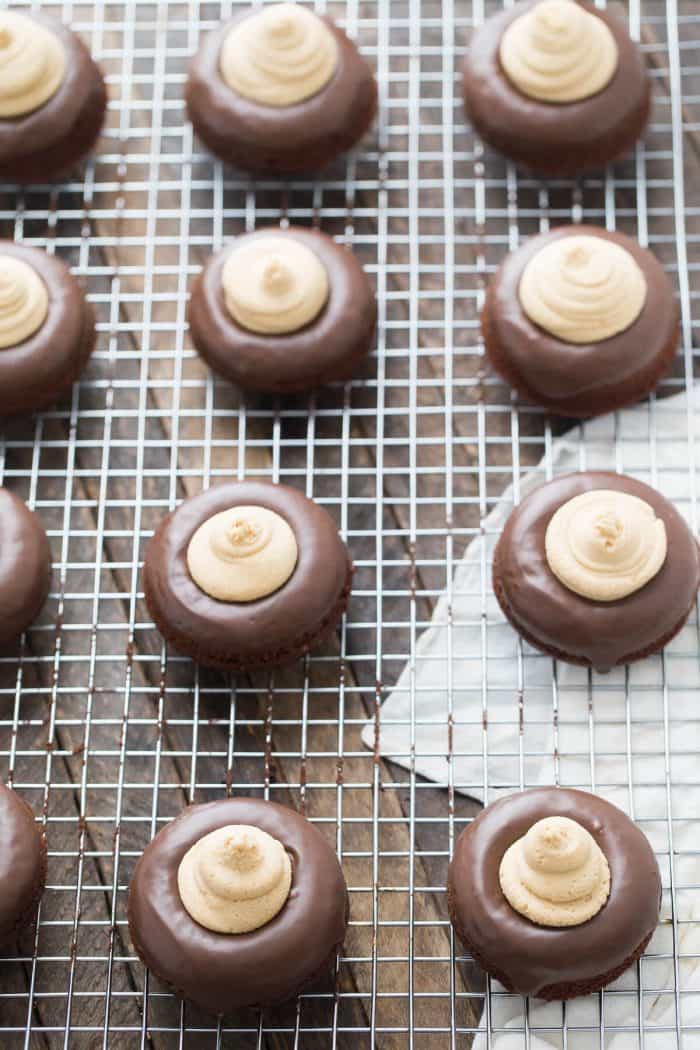Chocolate donuts make these buckeye mini cakes a snap to prepare!