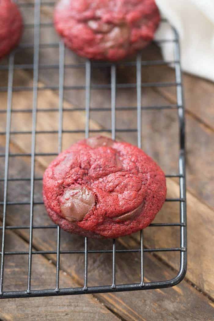 Brownie cookies loaded with chocolate chips with a little red velvet mixed in!