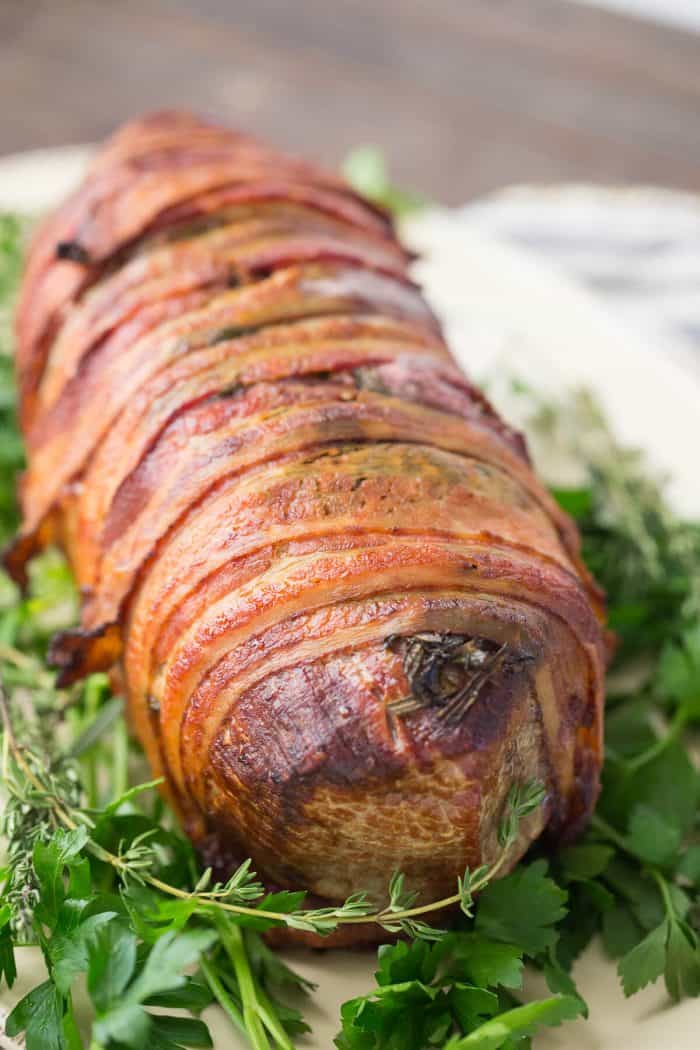 Want to serve up something special? How about this eye of round roast with it's fresh herbs and crispy bacon?