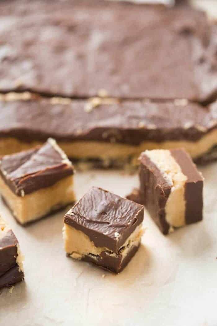 Chocolate fudge is seperated by a layer of creamy peanut butter fudge to taste just like a buckeye ball!