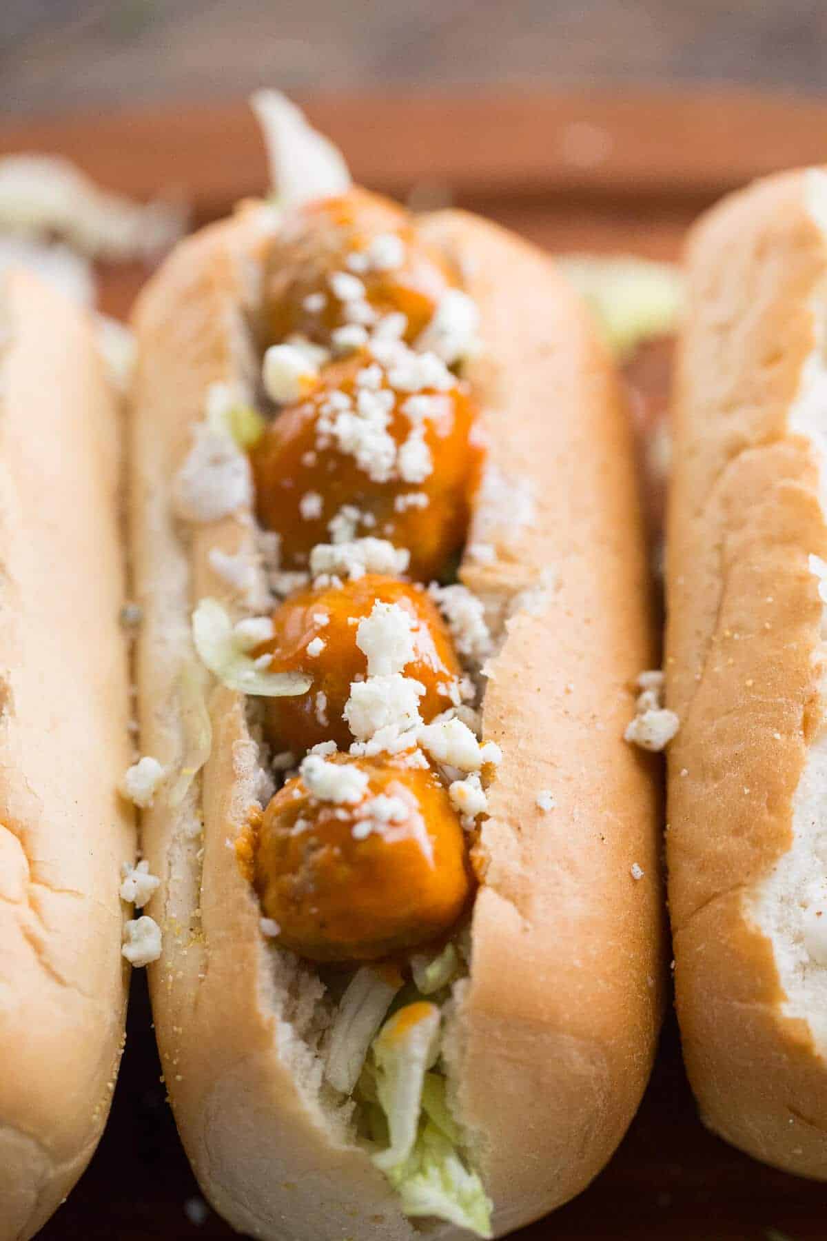 Slow cooked Buffalo Ranch Meatballs fill these easy meatball subs!