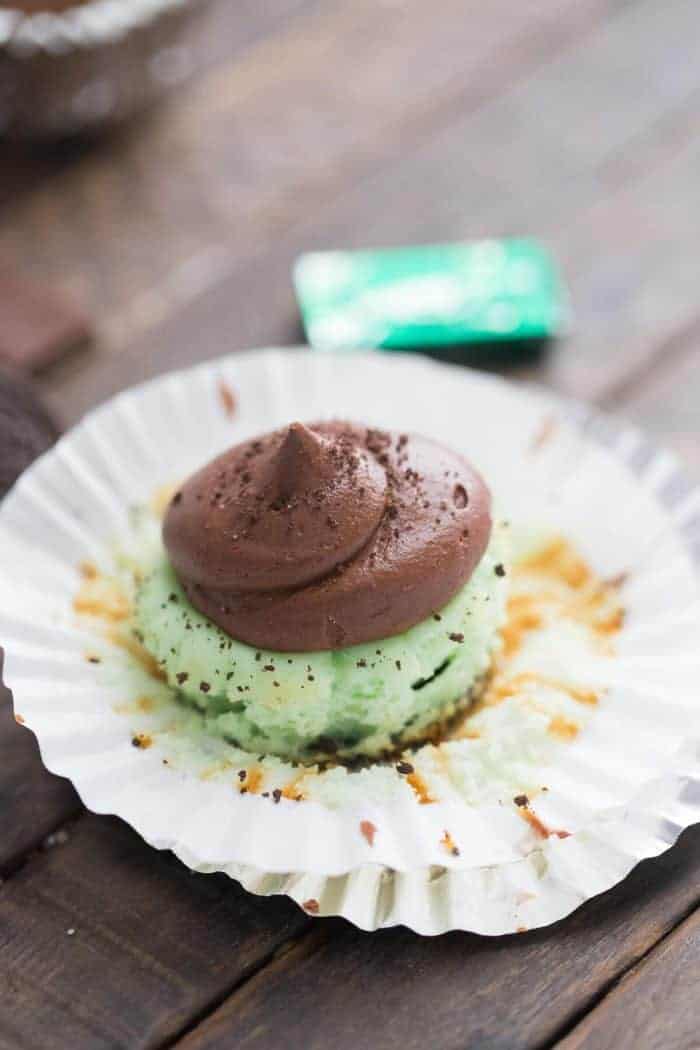 Little minty mine cheesecakes are topped with a fudge frosting! The perfect combo!
