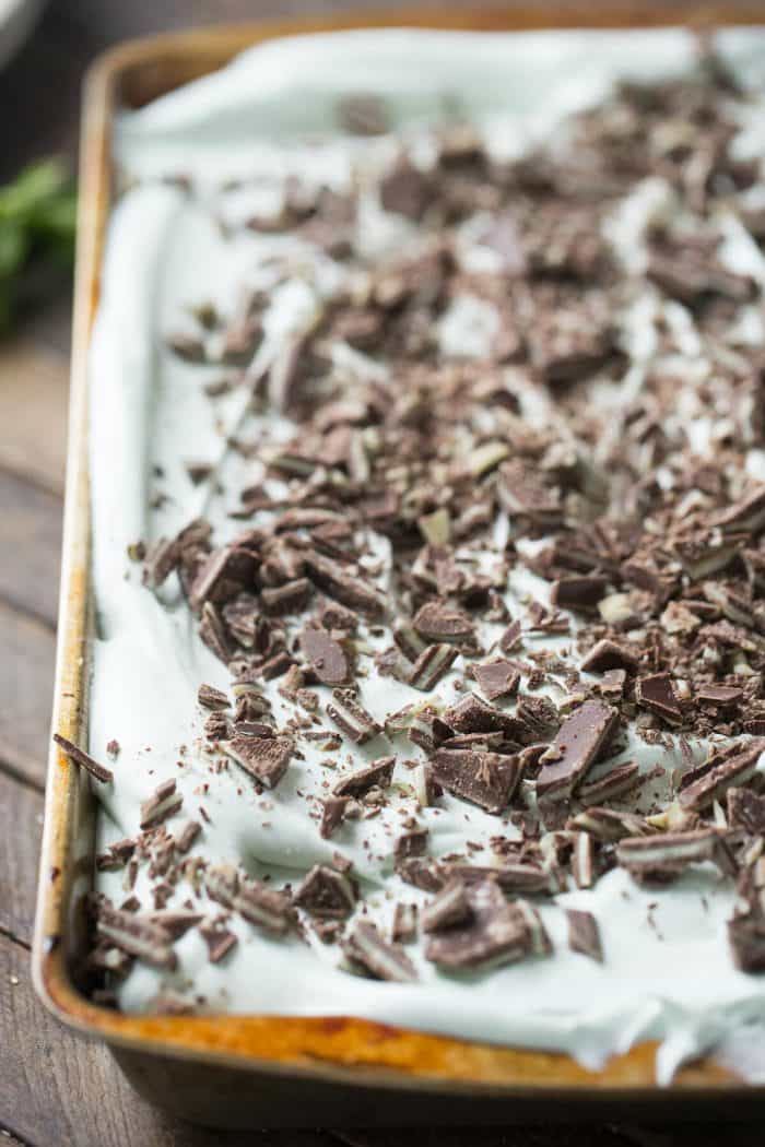 Soft mint flavored chocolate cake is covered in a fluffy mint frosting in this easy mint chocolate cake recipe!