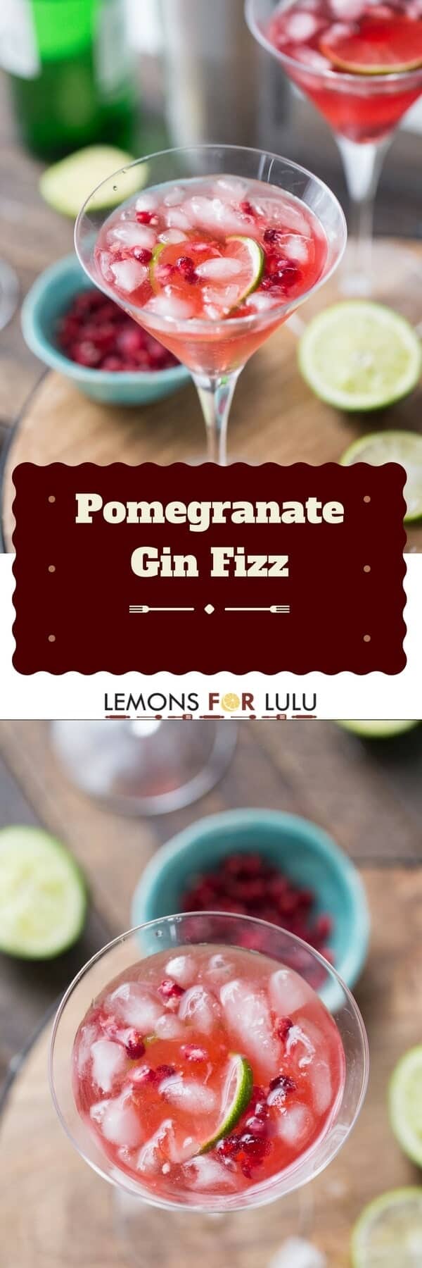 This gin fizz recipe has such deep, intense flavor! The pomegranate juice is lightly sweetened then freshened with lime juice! This is one sophisticated cocktail!