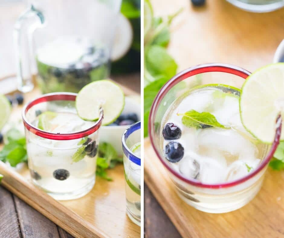 photo collage - champagne blueberry mojitos with mint leaves and blueberries on a wooden platter.