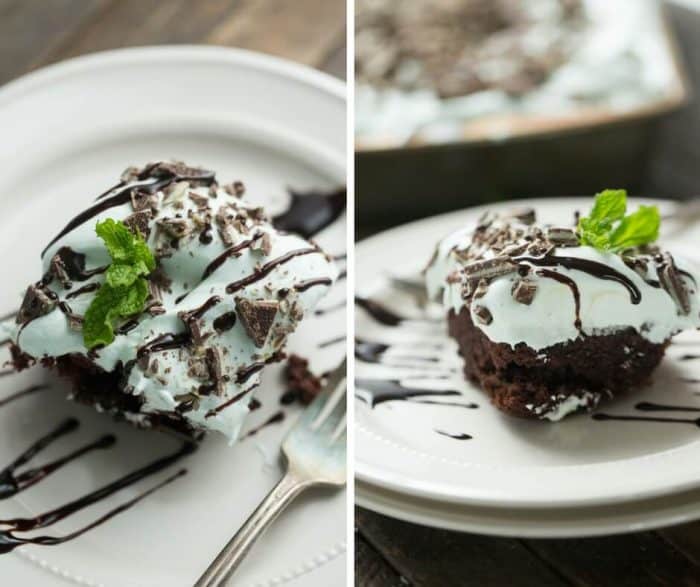This mint chocolate cake is amazing! On the bottom of you have a decent chocolate cake and on the top you have a fluffy mint frosting! What could be better!?