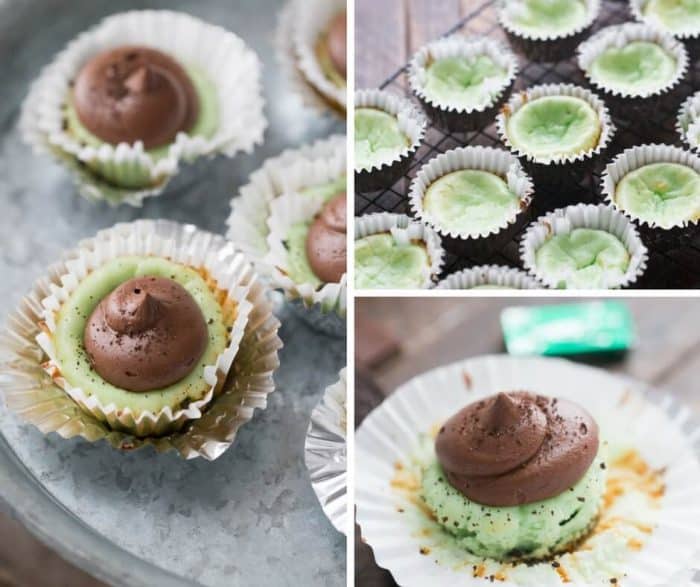 Minted mini cheesecakes are topped with a rich chocolate frosting to make the perfect two-bite treat!