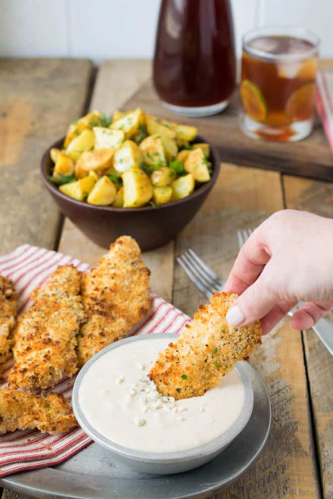 Baked Chicken Tenders with Buffalo Blue Cheese Sauce