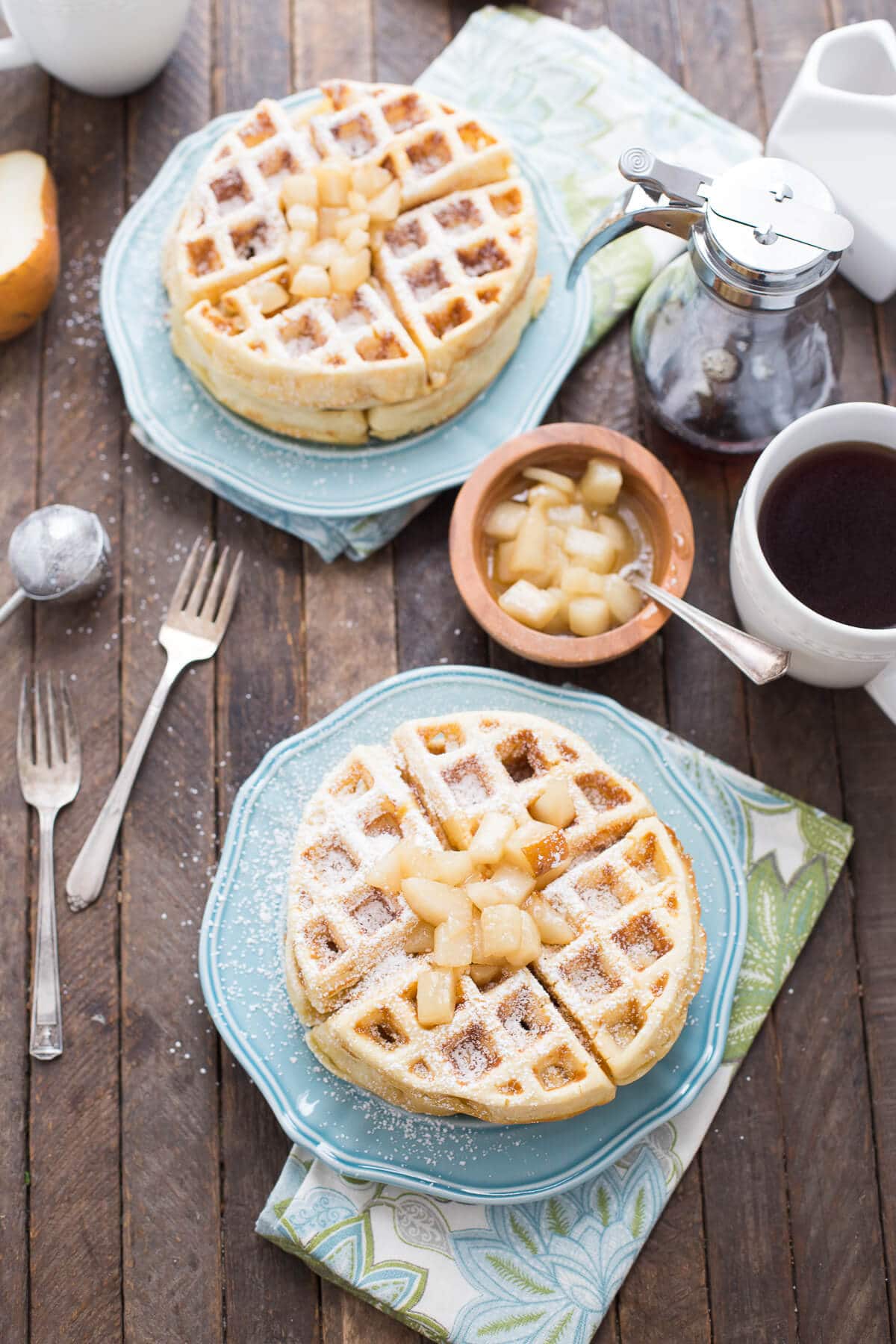 You have serve yourself some homemade waffles! These are made with browned butter and topped with rum spiced pears!