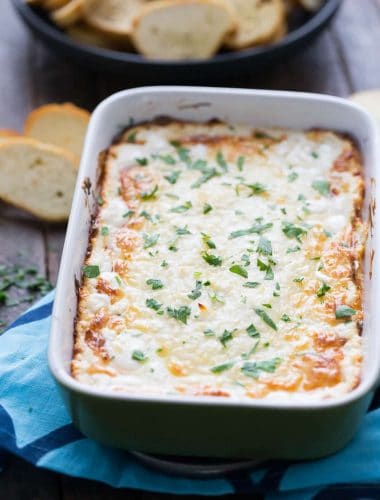 This ultra cheesy dip is like your favorite garlic bread, it's perfect with bread chips!