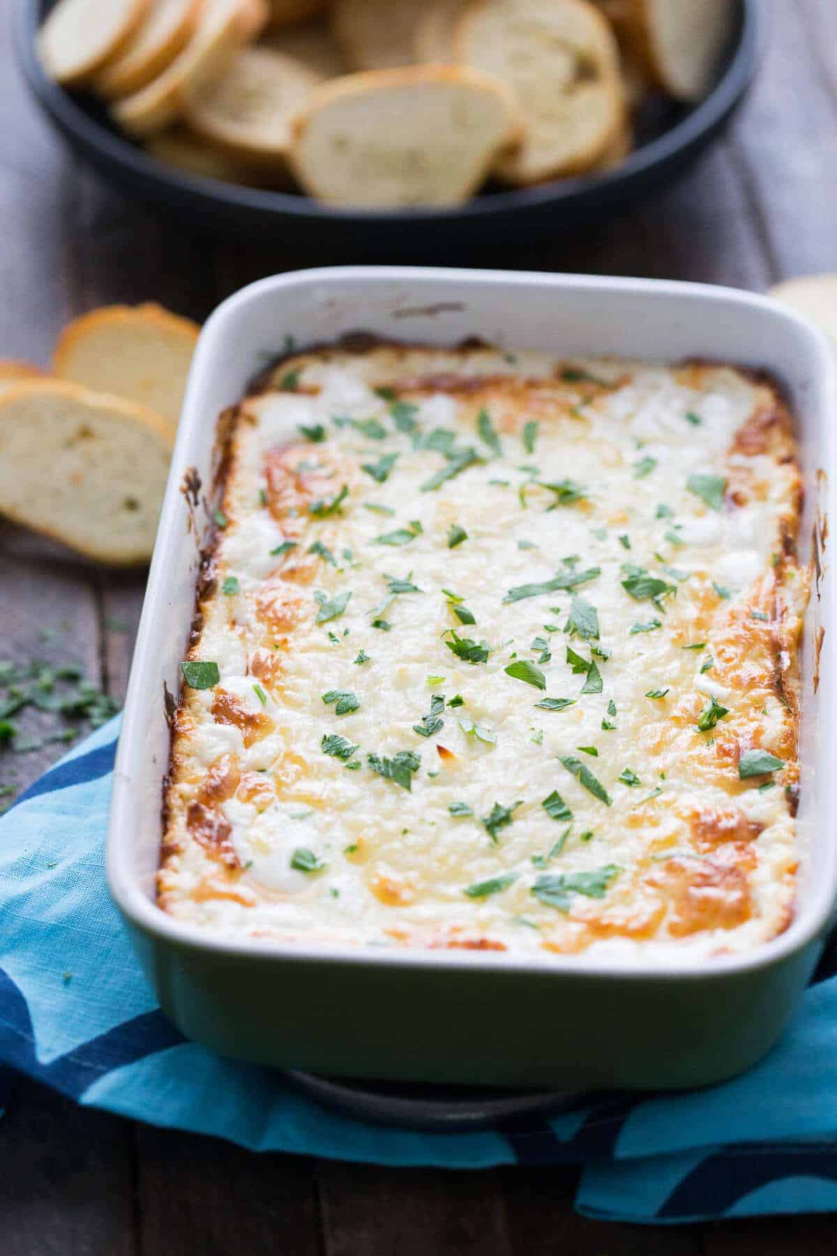 cheese dip in a green dish
