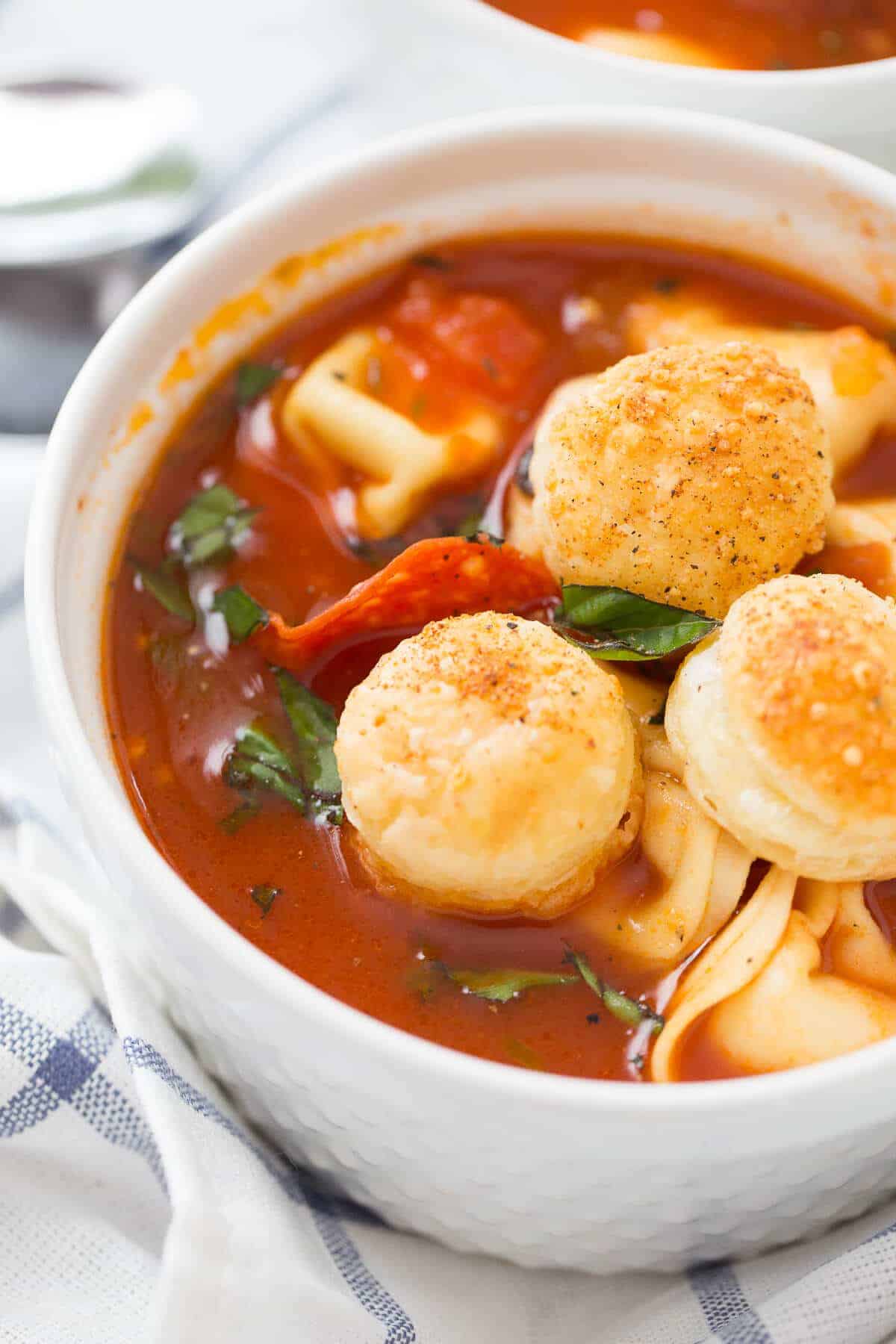 This pizza soup is going to be a family favorite! Who can resist pizza?