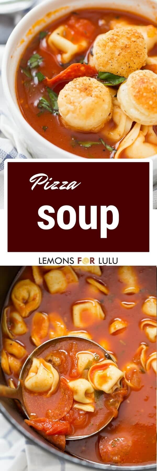 You family is going to love this pizza soup! It is hearty and full of pizza flavor; it even has fun little "crust" croutons!