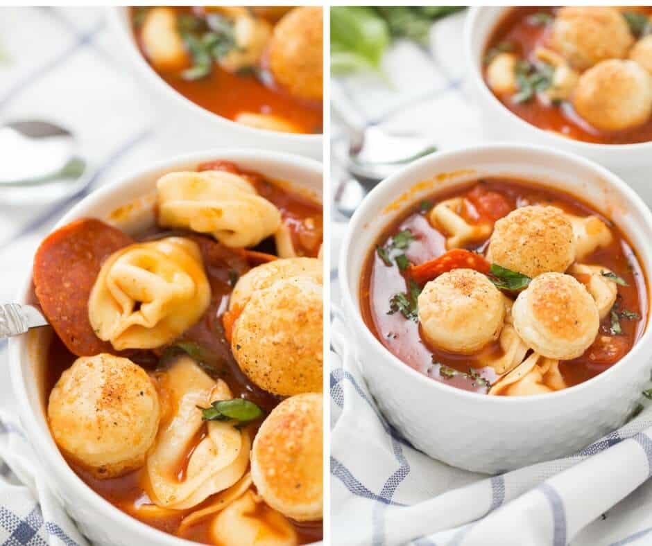 A hearty pizza soup that will please the whole family! Don't forget the puff pastry croutons!