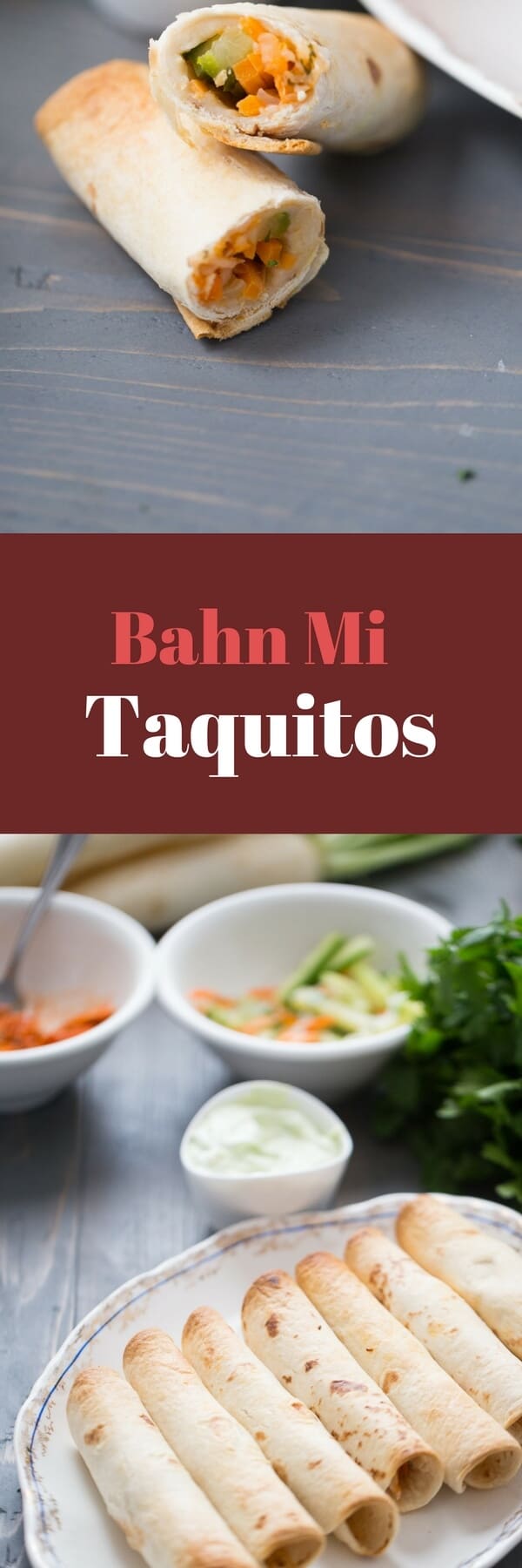 East meets west in these Bahn Mi Taquitos! Salmon and fresh veggies make this recipe easy and delicious!