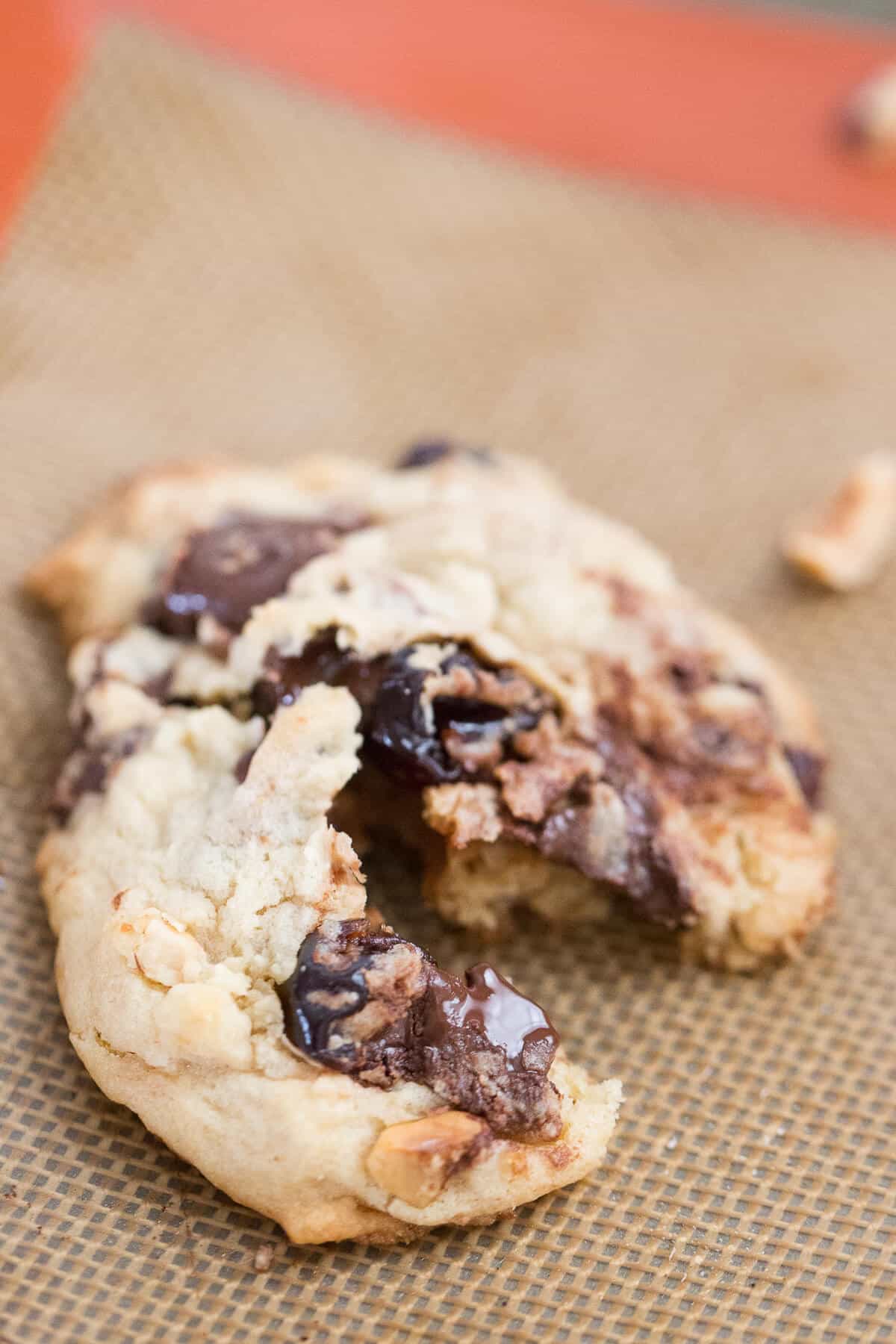 These cherry chip cookies are loaded! Each bite reveals chocolate chunks, hazelnuts and booze-soaked cherries!