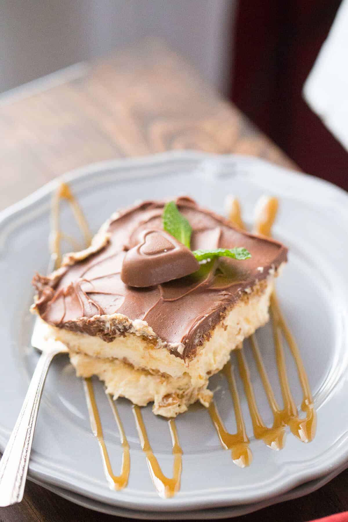 eclair cake on a gray plate