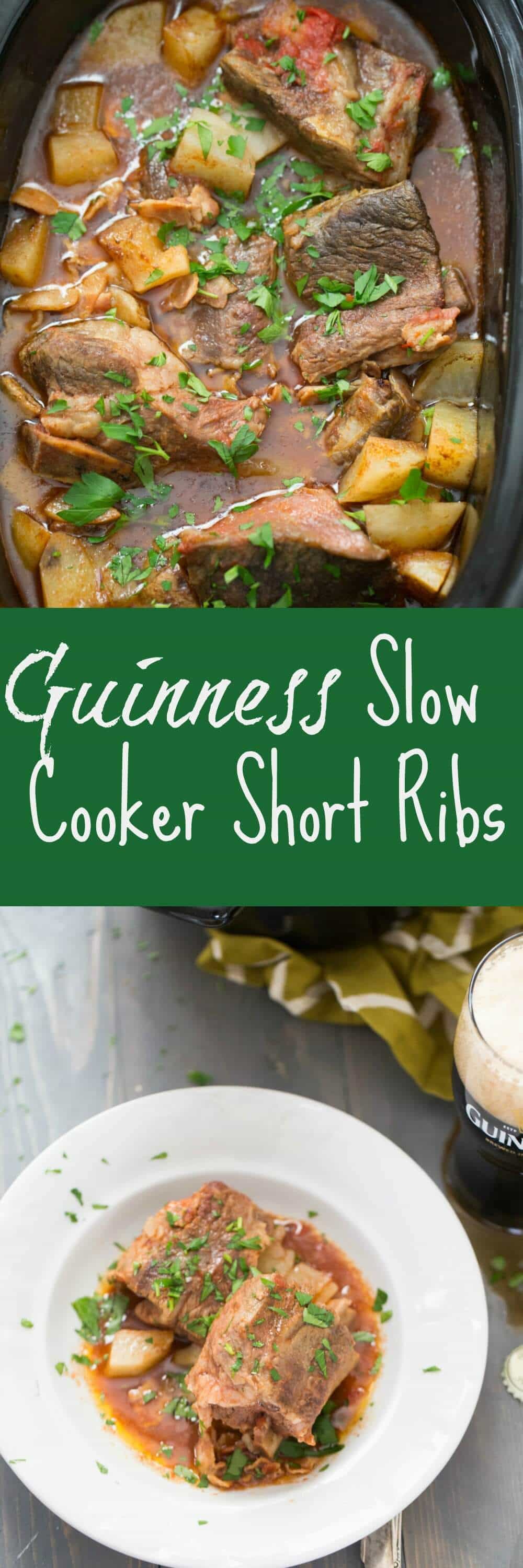 These slow cooker short ribs are fork-tender and delicious!  The bacon and the Guinness stout add so much flavor, be sure to soak it up with some good crusty bread!